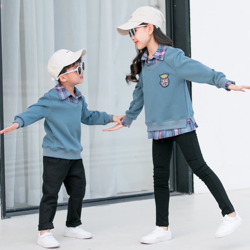 Lapel Plaid False Two Parent-child Clothing Spring And Autumn Coat