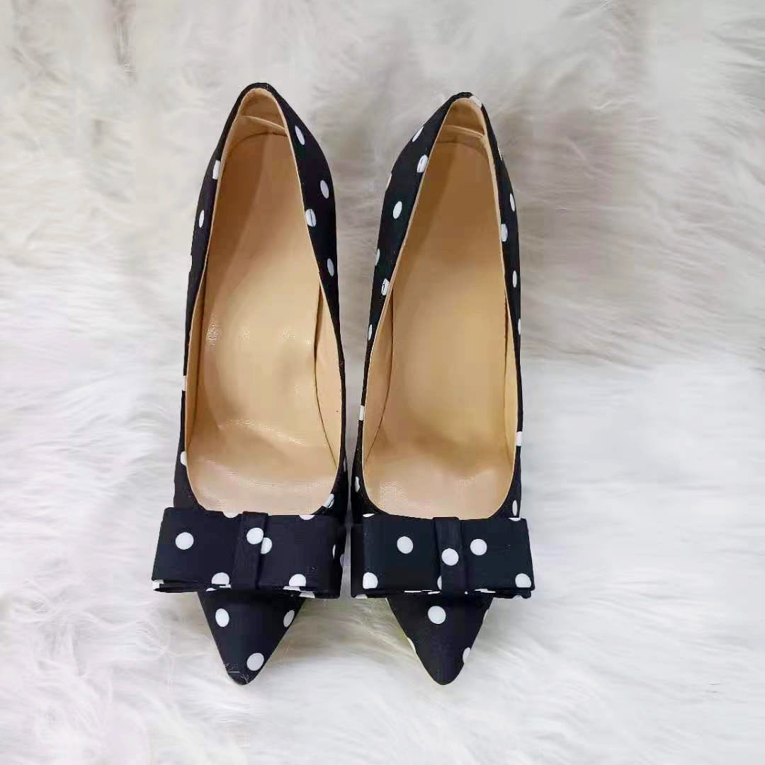 Black Satin Polka-dot High-heeled Shoes Female  Stiletto Pointed Shallow Mouth Single Shoes