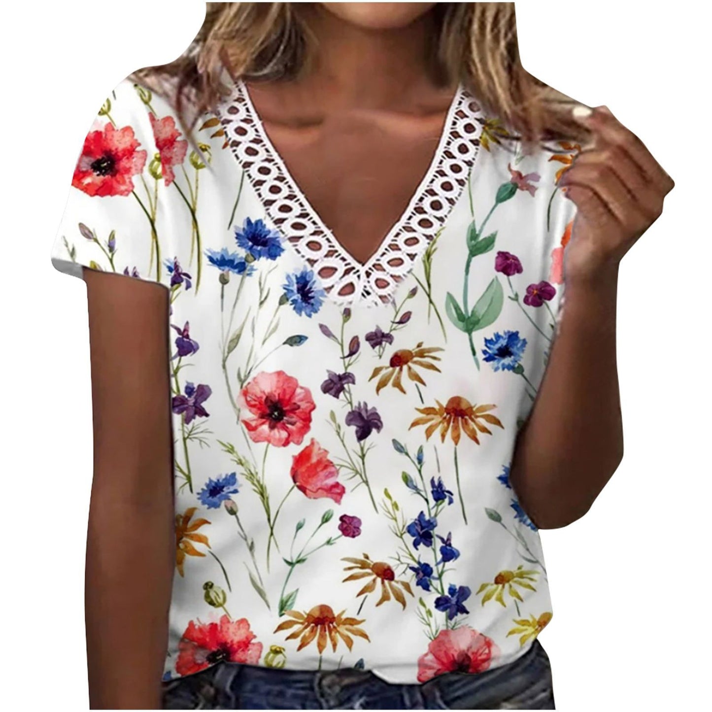 Leisure Holiday V Neck Flower Print Short Sleeve