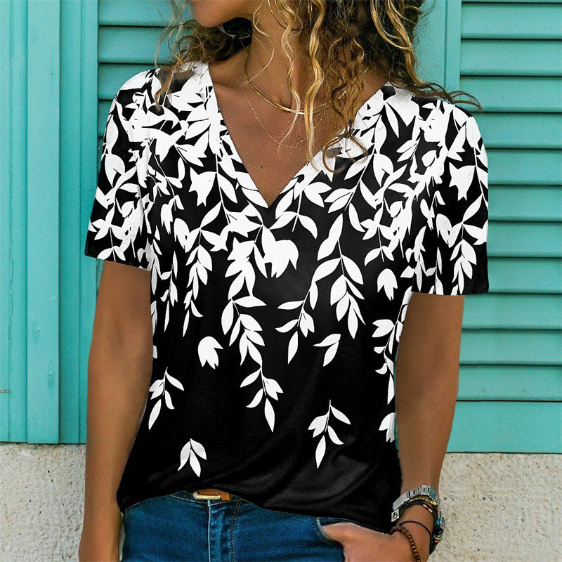 Printed Short Sleeved V-neck Loose Fitting Women's Style