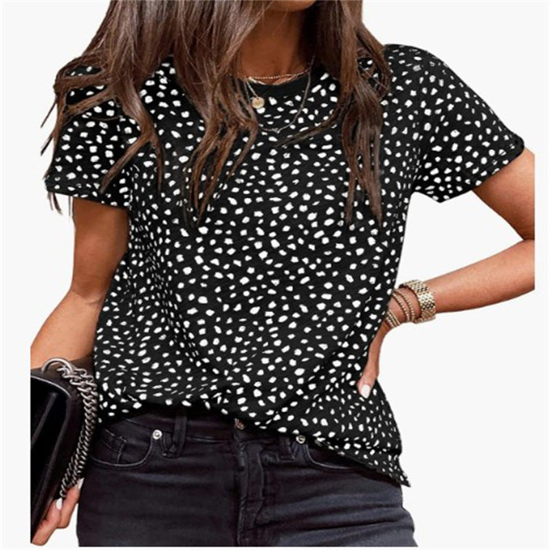 Leopard Dot Short Sleeved Round Neck Pullover Loose And Casual