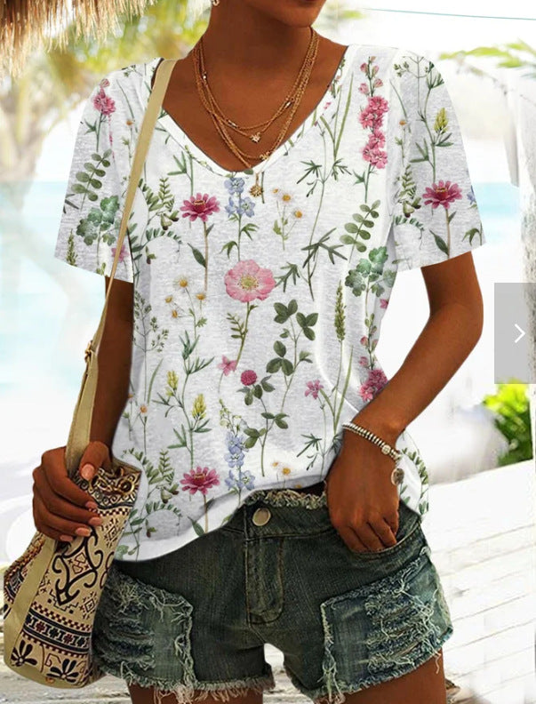 Digital Printed Bottoming Shirt Short Sleeve V-neck T-shirt