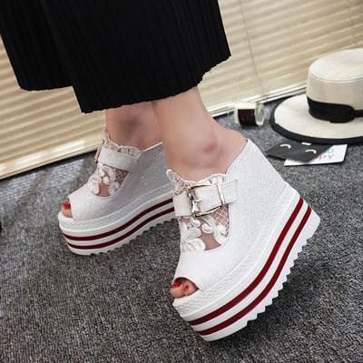 Summer Hyper Heel Slippers Female Summer Thick Bottom Waterproof Table Slope With Women's Shoes Heighten Fish Mouth Cool Drag Female