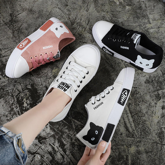 Spring summer new women's canvas shoes small white shoes female cute cartoon student shoes kitten