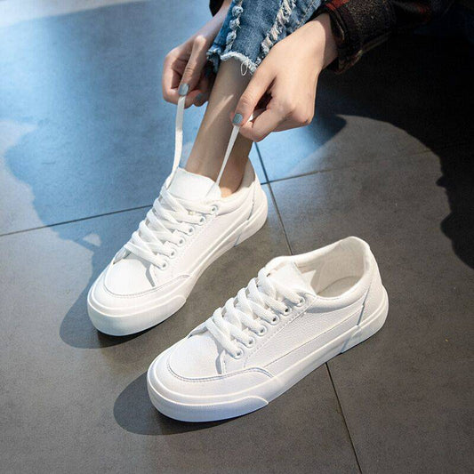 Spring And Autumn Lace-Up White Shoes Female Fashion Korean Student Flat Bottom Shoes All-Match Running Shoes Round Toe Low-Top Women'S Shoes