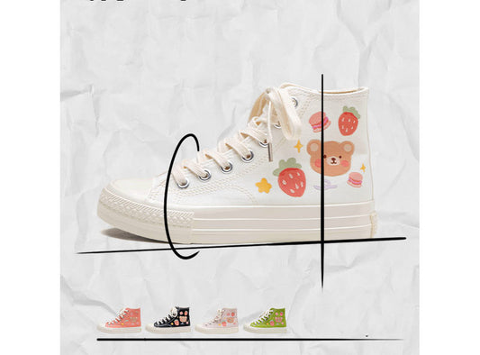 Canvas Shoes Female New Net Red Hand-painted Strawberry Bear Lace-up White Shoes