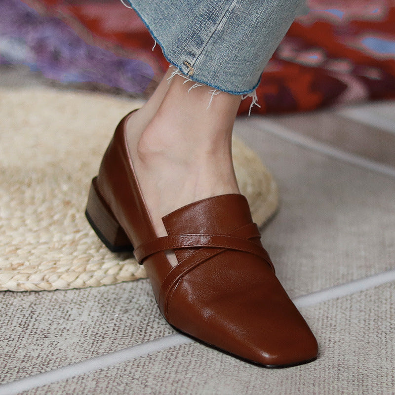 Cross Strap Flat Square Toe British Style Handsome Female College Leather Shoes