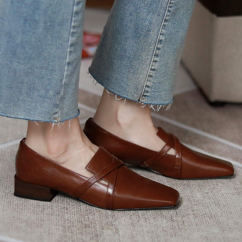 Cross Strap Flat Square Toe British Style Handsome Female College Leather Shoes