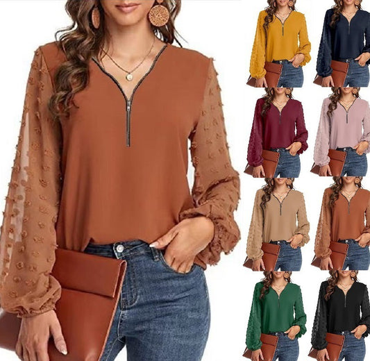 Women's V-neck Chiffon Shirt With Long Sleeve Stitching