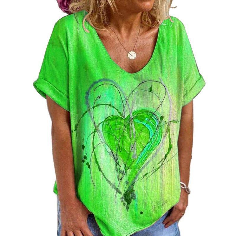 Graffiti Heart Print Loose Casual Short Sleeve T-Shirt