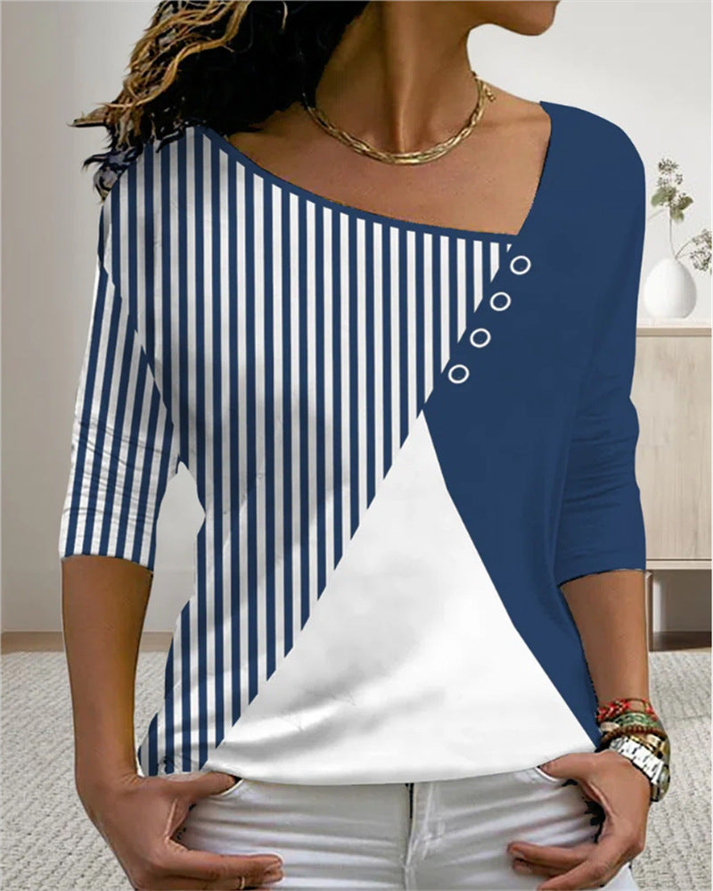 V Neck Contrast Printed Loose Top T Shirt