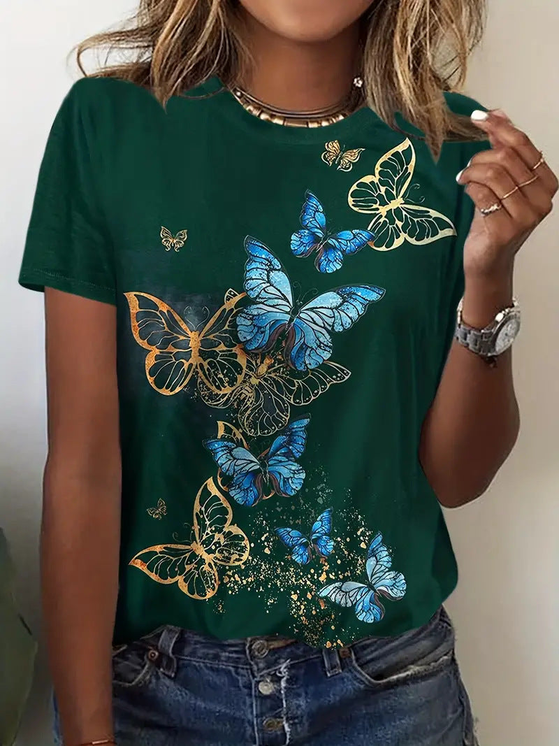 European And American Ladies Tie-dye T-shirt Butterfly Print Garden Collar