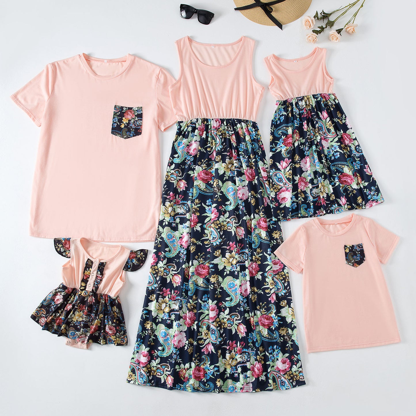 Fashion Waist Stitching Stitching Print Long Dress Parent-child Outfit Family