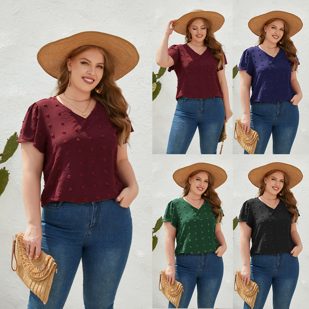 Women's V-neck Fur Ball Short Sleeve Commuter Plus Size Top