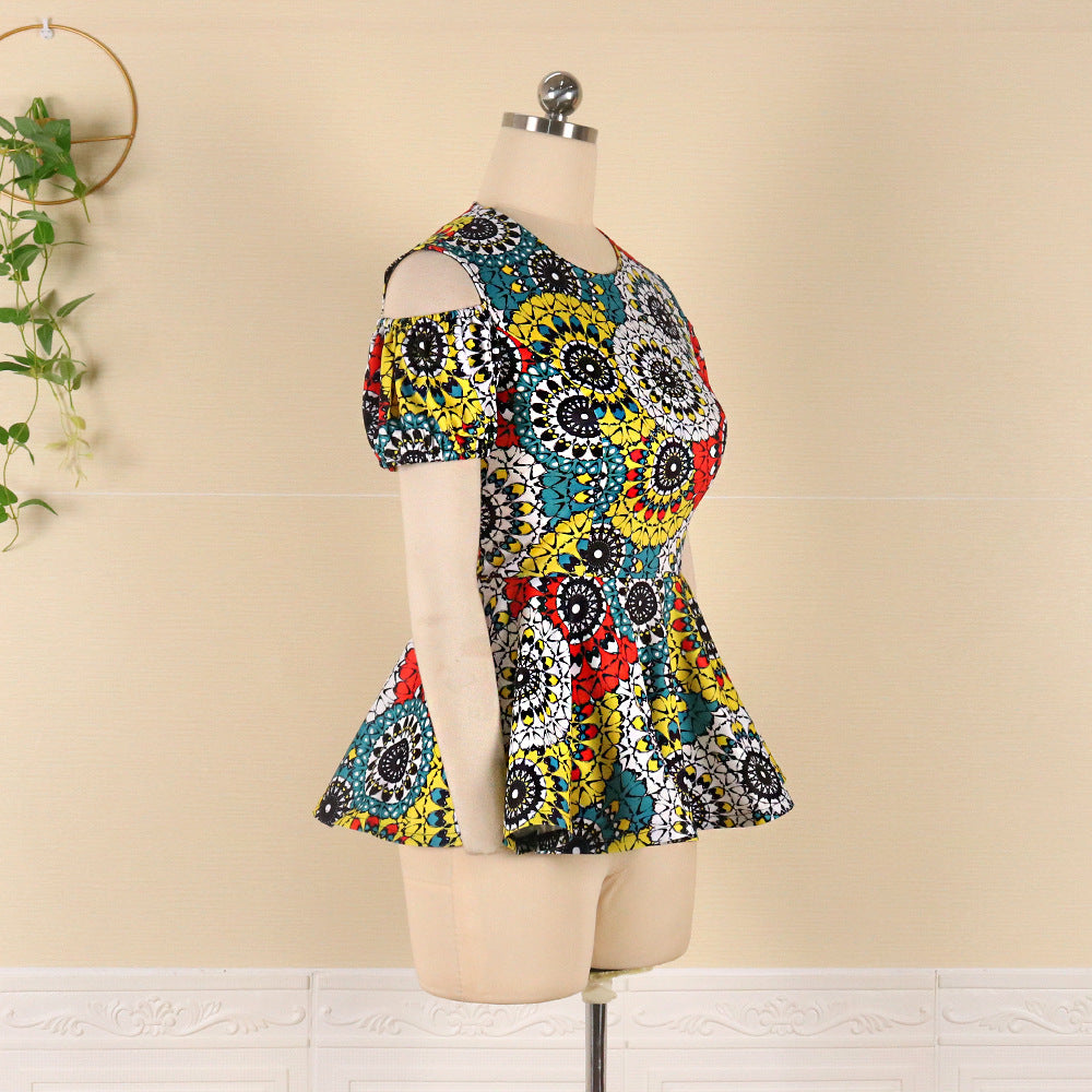 Round Neck Cutout Short Sleeve High Waist Ruffle Digital Print Shirt