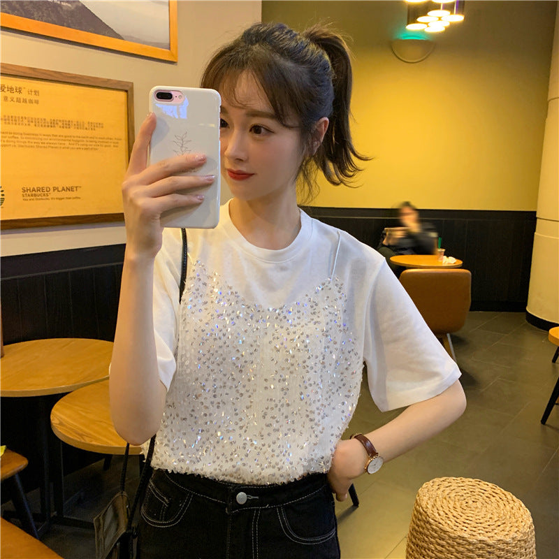 Sequined Korean-style Short-sleeved T-shirt False Two-piece Patchwork Loose All-matching Top