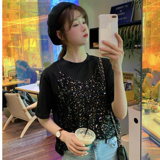 Sequined Korean-style Short-sleeved T-shirt False Two-piece Patchwork Loose All-matching Top