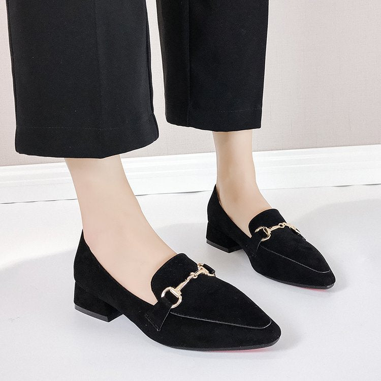 Spring and autumn peas shoes female pointed head set square root suede net red single shoes women fashion scoop shoes