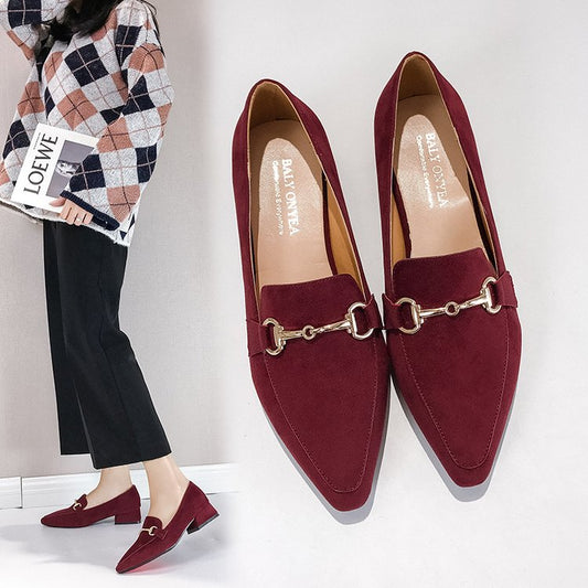 Spring and autumn peas shoes female pointed head set square root suede net red single shoes women fashion scoop shoes