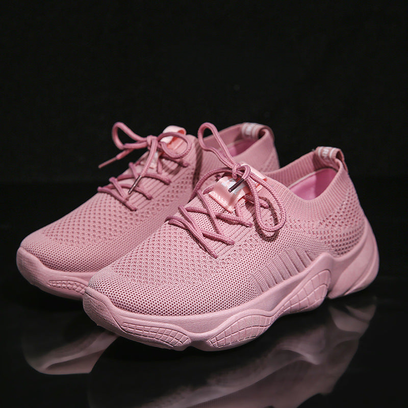 Thick-soled white shoes female flying woven old shoes sports shoes women