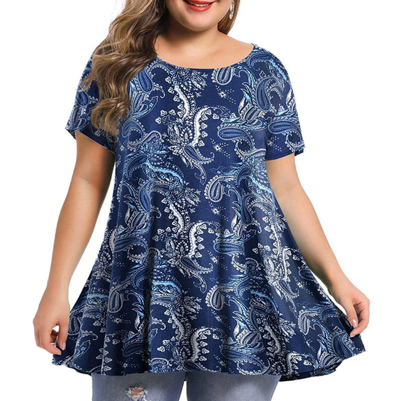 Women's New Fashion Round Neck Printing Large Size Short Sleeves