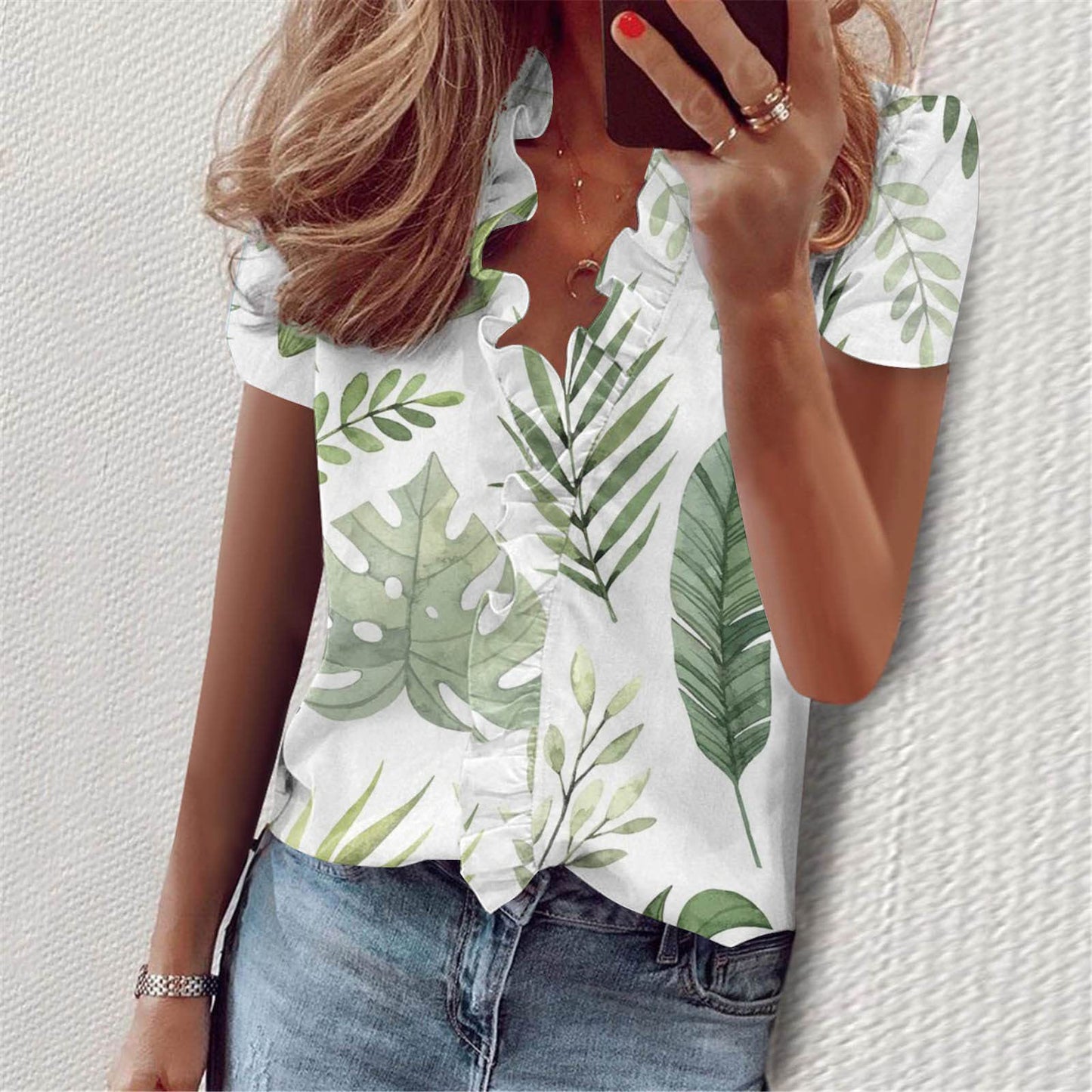 European And American Summer Ruffles Short Sleeve Slim Flower Print