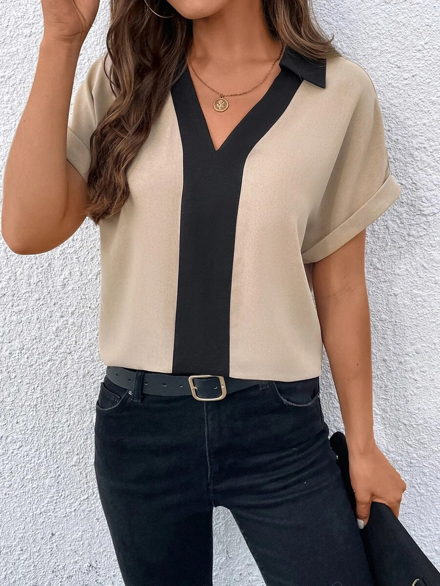 Contrast Color V-neck Raglan Sleeve Lapel Loose Shirt Top