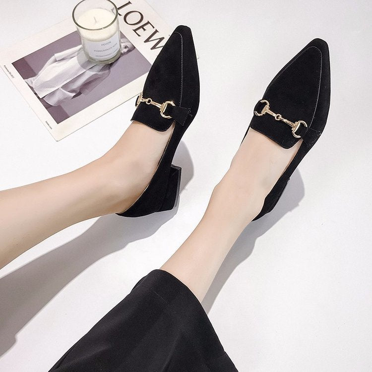 Spring and autumn peas shoes female pointed head set square root suede net red single shoes women fashion scoop shoes