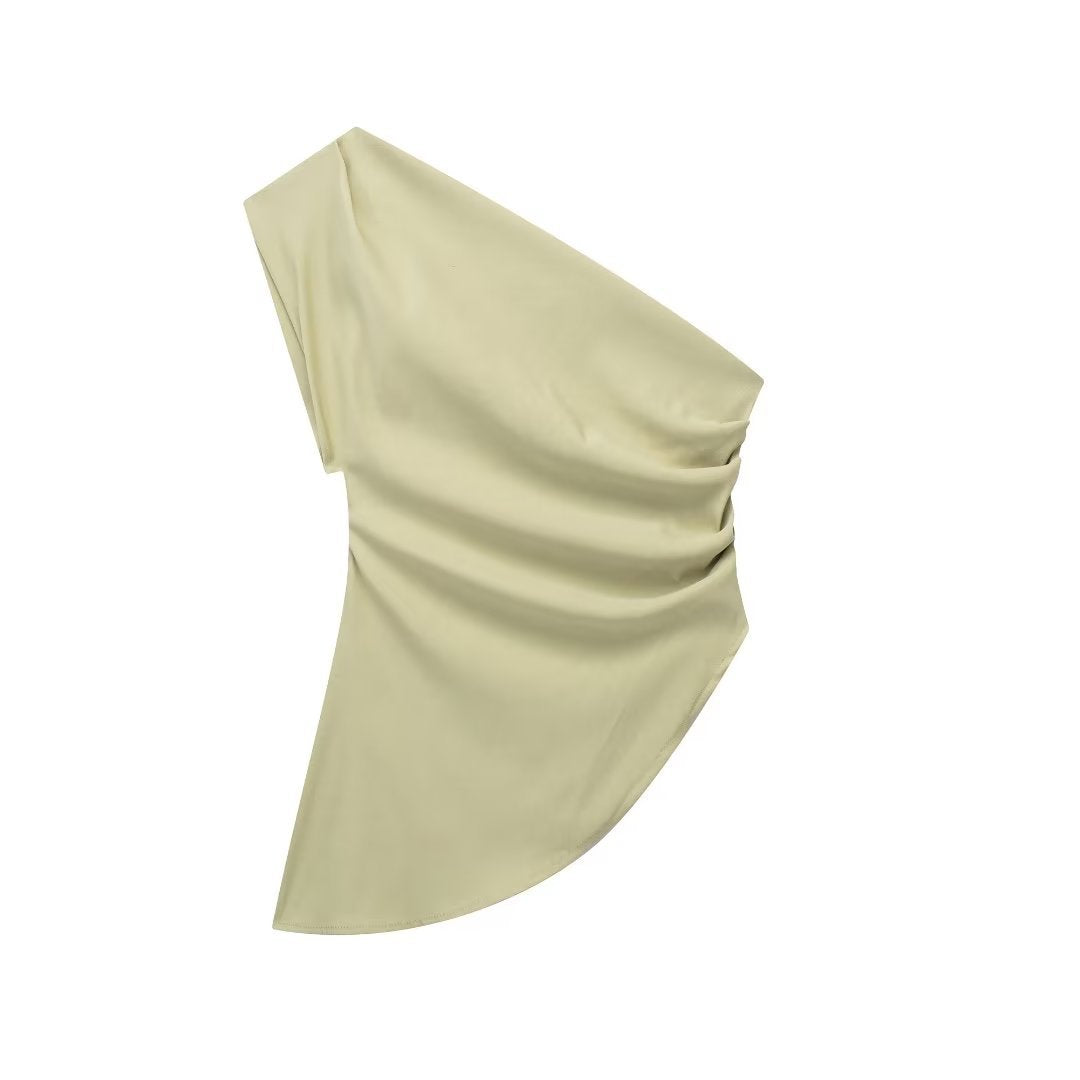 European And American Style Diagonal Collar Single Shoulder Solid Color Pleated Asymmetric