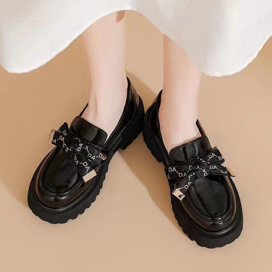 Female British Style Small Leather Shoes Thick Sole Love Bow