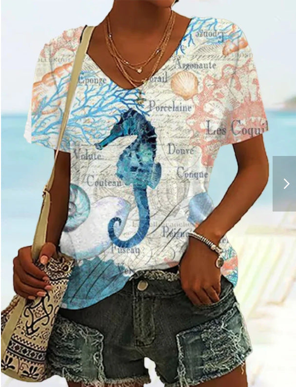 Digital Printed Bottoming Shirt Short Sleeve V-neck T-shirt