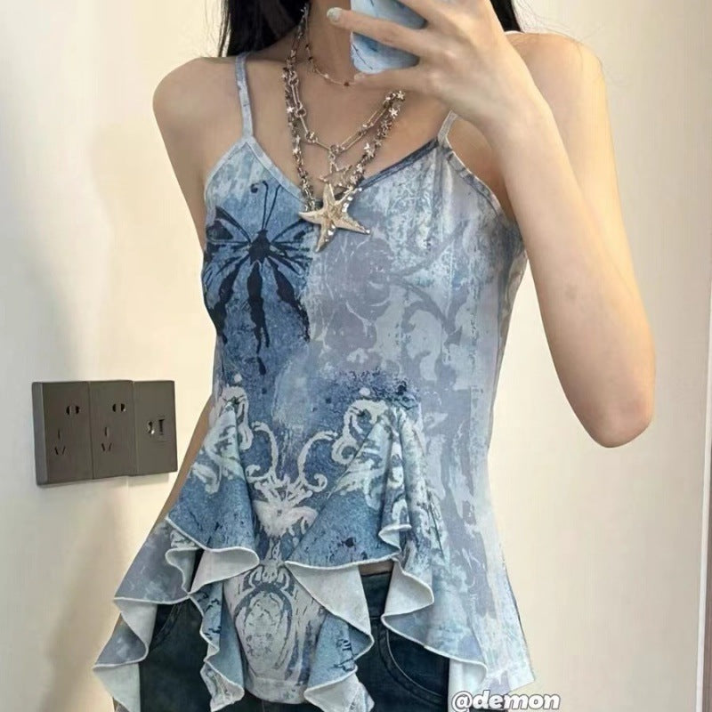 Pure Desire Style V-neck Small Sling Vest Female Hot Girl Ruffled Slim Top