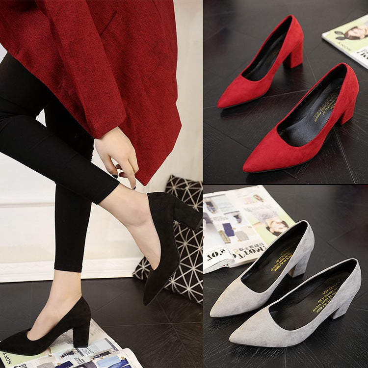 spring new Korean female grey lady shoes shallow pointed high-heeled shoes with thick shoes with all-match