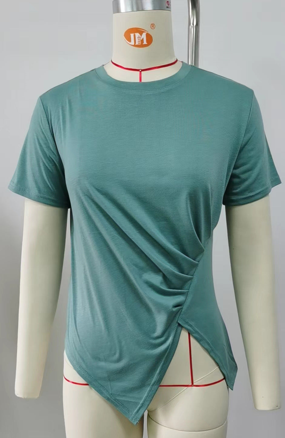 Solid Color Loose Round Neck Pleated Ladies T-Shirt Top