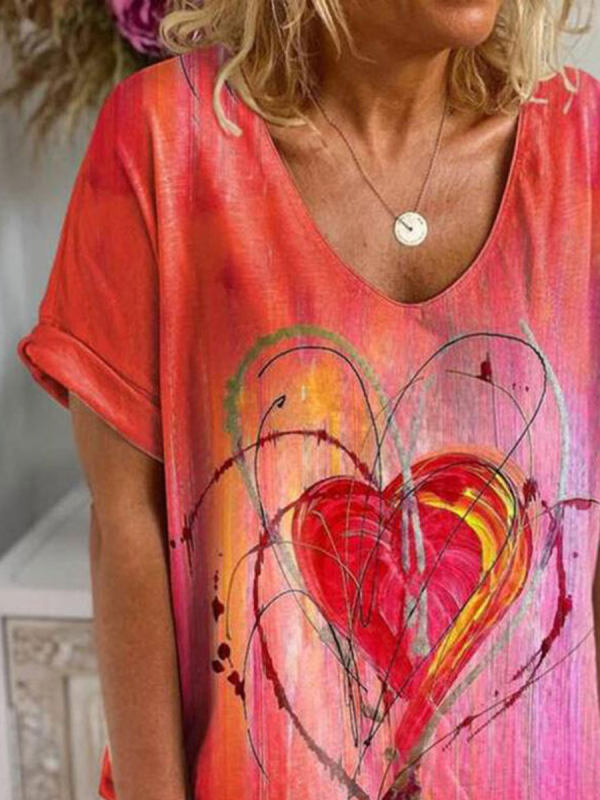 Graffiti Heart Print Loose Casual Short Sleeve T-Shirt