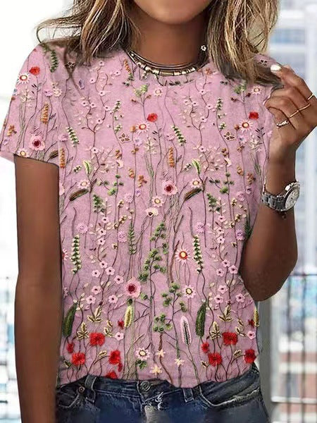 European And American Loose Round Neck Short Sleeve Floral Printed T-shirt