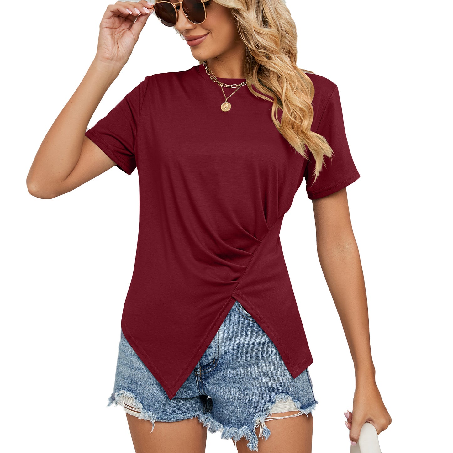 Solid Color Loose Round Neck Pleated Ladies T-Shirt Top