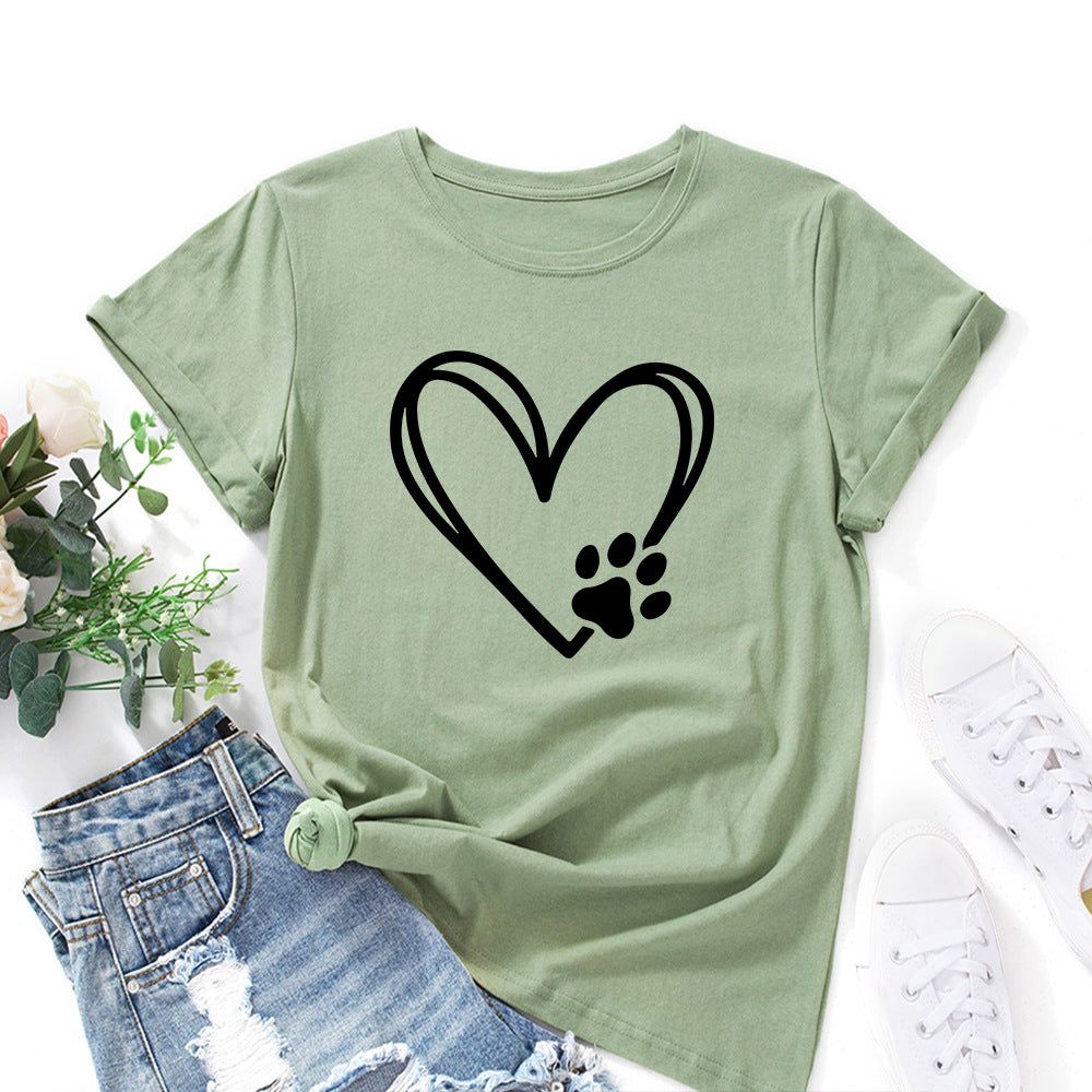 Women's Loose Round Neck Short Sleeve T-shirt With Heart-shaped Palm Print