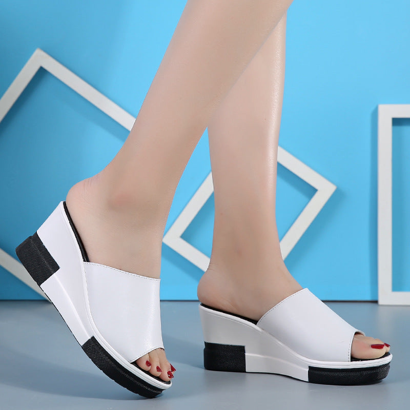 summer new leather slippers slope with thick bottom platform sandals sandals female female beach shoes word