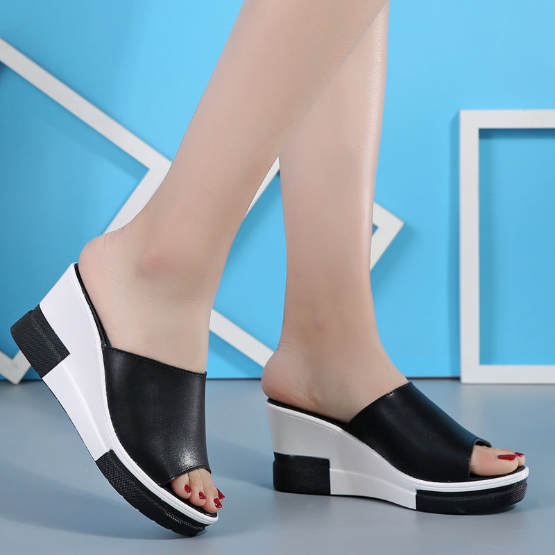 summer new leather slippers slope with thick bottom platform sandals sandals female female beach shoes word