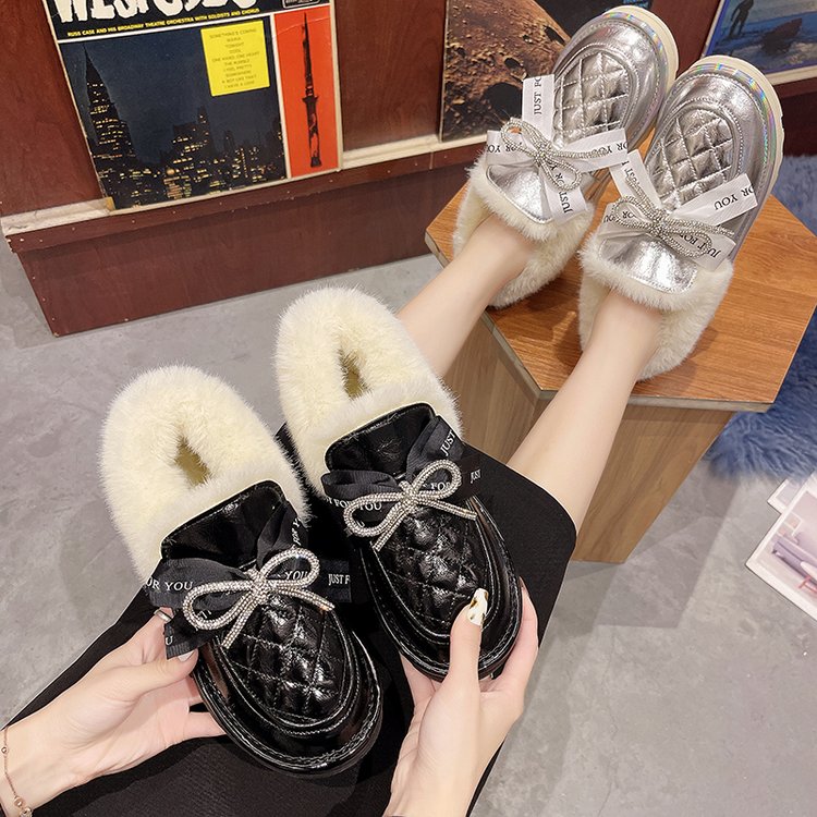 Bow Fluffy Shoes Female Glossy Low-top Snow Boots