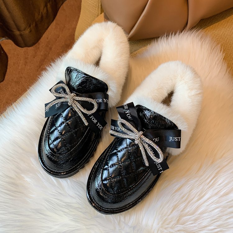 Bow Fluffy Shoes Female Glossy Low-top Snow Boots