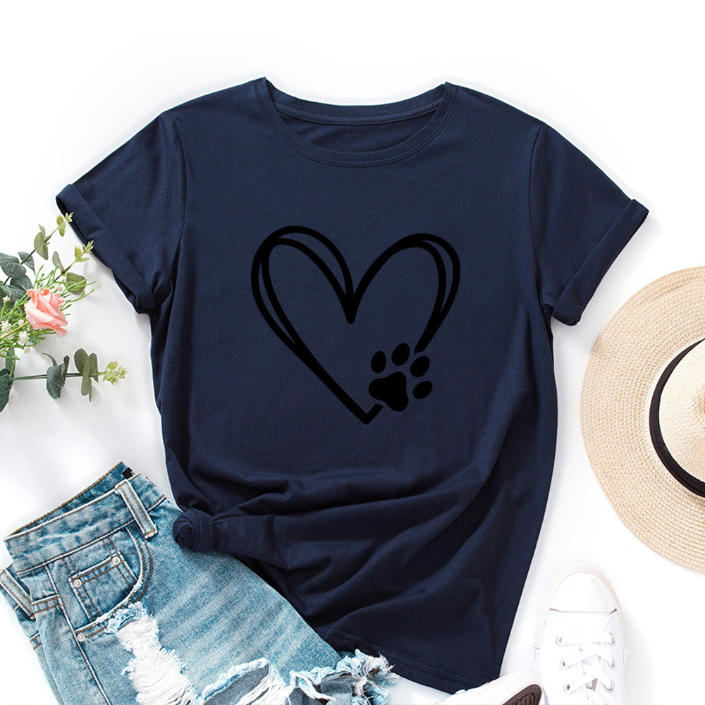 Women's Loose Round Neck Short Sleeve T-shirt With Heart-shaped Palm Print