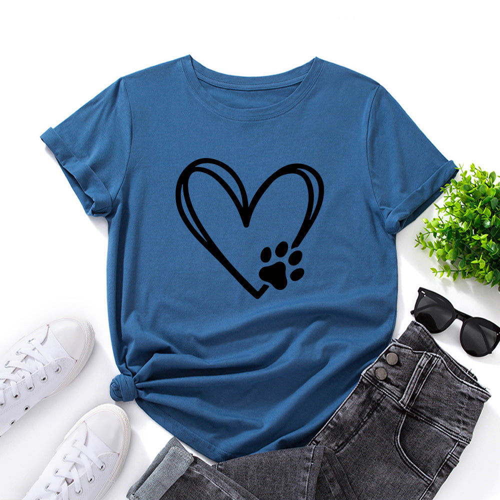 Women's Loose Round Neck Short Sleeve T-shirt With Heart-shaped Palm Print