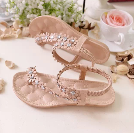 Flat bottom flower rhinestone boho female sandals foreign trade large size shoes