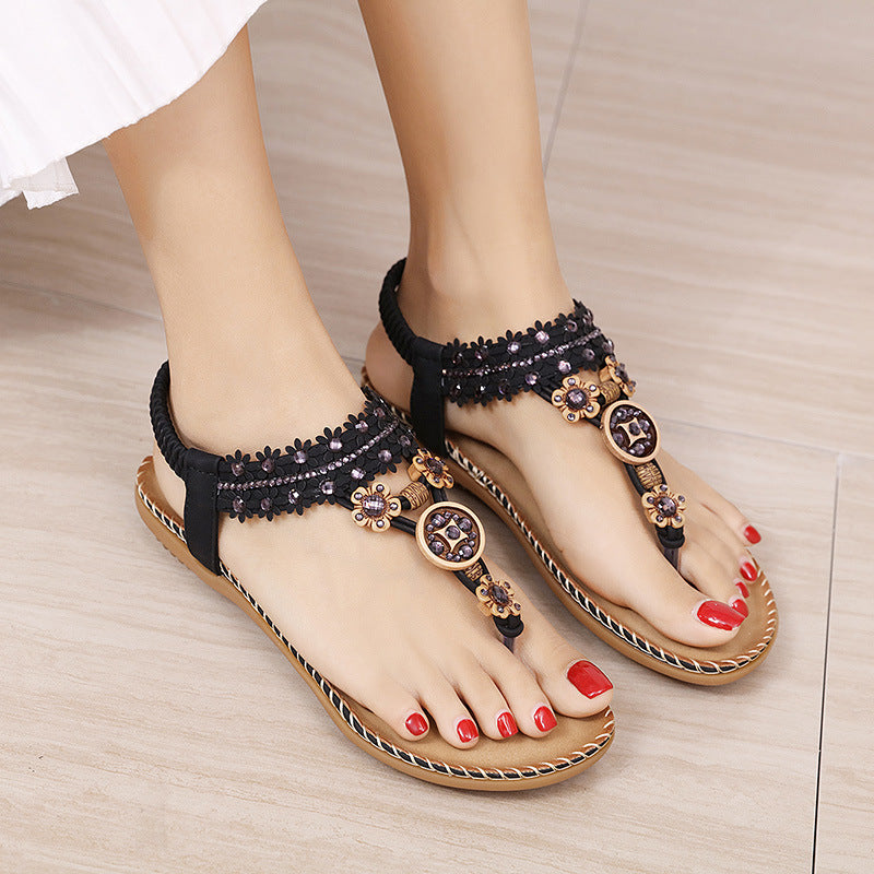 New Ethnic Style Sandals Female Bohemian Beaded Flip Flops Beach Sandals Flat Shoes