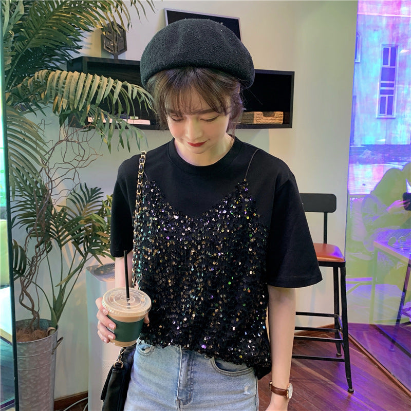 Sequined Korean-style Short-sleeved T-shirt False Two-piece Patchwork Loose All-matching Top