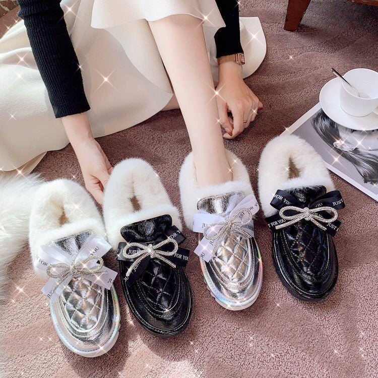 Bow Fluffy Shoes Female Glossy Low-top Snow Boots