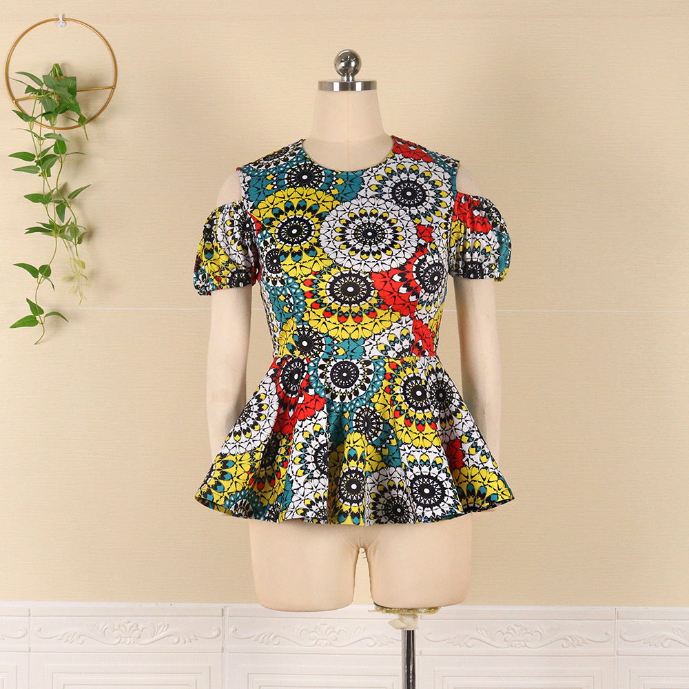 Round Neck Cutout Short Sleeve High Waist Ruffle Digital Print Shirt