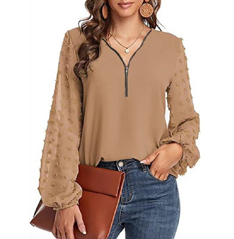 Women's V-neck Chiffon Shirt With Long Sleeve Stitching